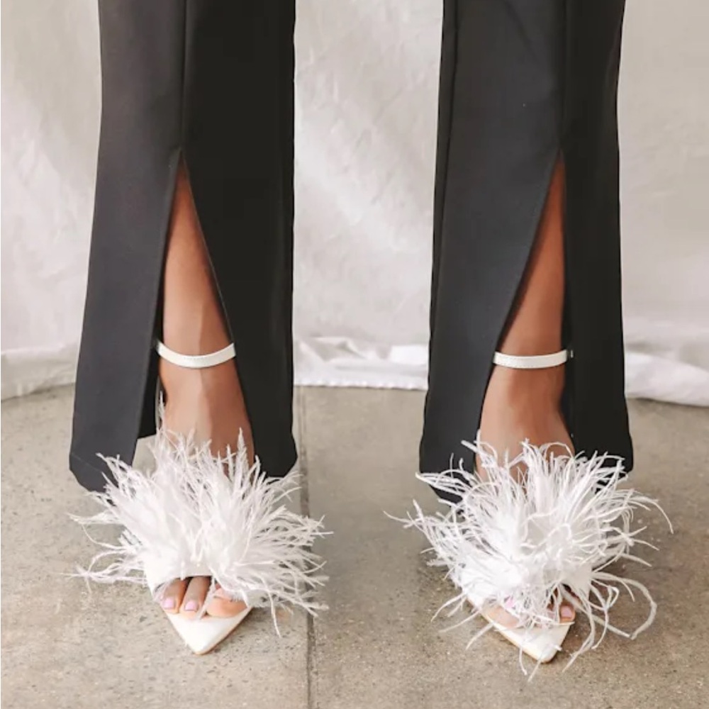 Lulu's White Feather Pointed-Toe Ankle-Strap Heels